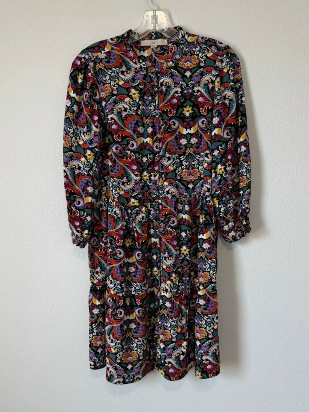 Loft 3/4 Sleeve Ruffled Round Neck Button Up Paisley Pullover Dress Size S